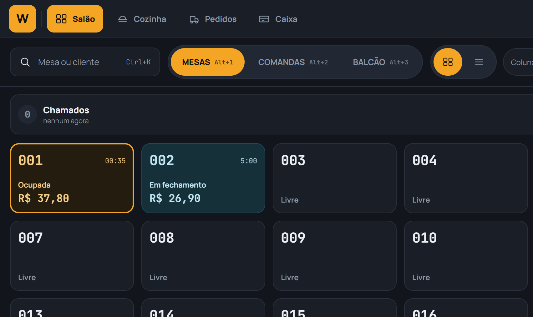 O salão no PDV do WssFood: a mesa 001 ocupada com R$ 37,80, a mesa 002 em fechamento com R$ 26,90 e as outras livres, com as abas Mesas, Comandas e Balcão no topo.